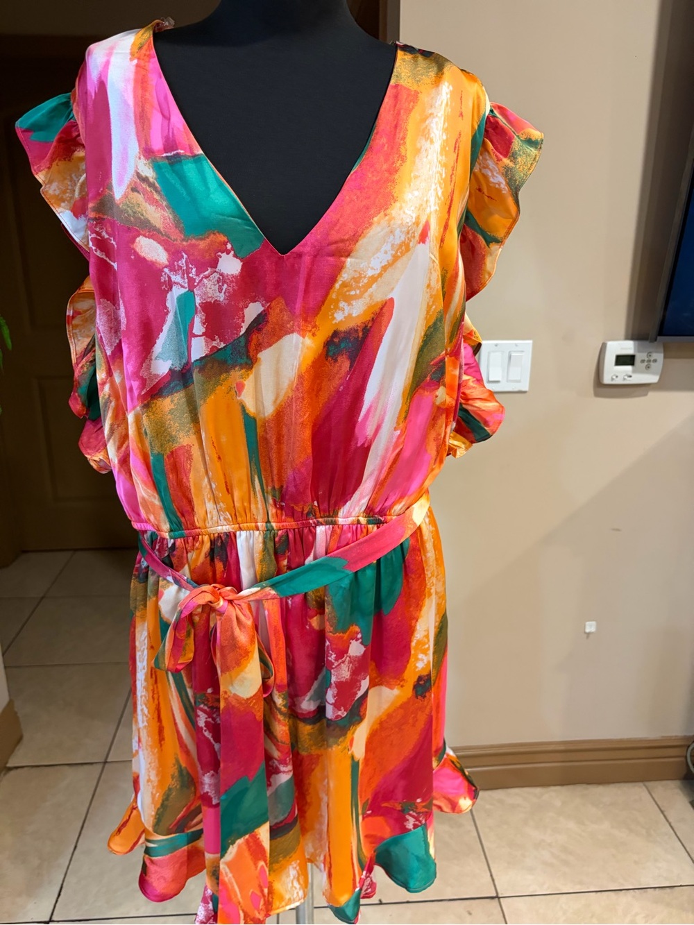 Vibrant Multi-Color V-Neck Ruffle Roper with Tie Waist
